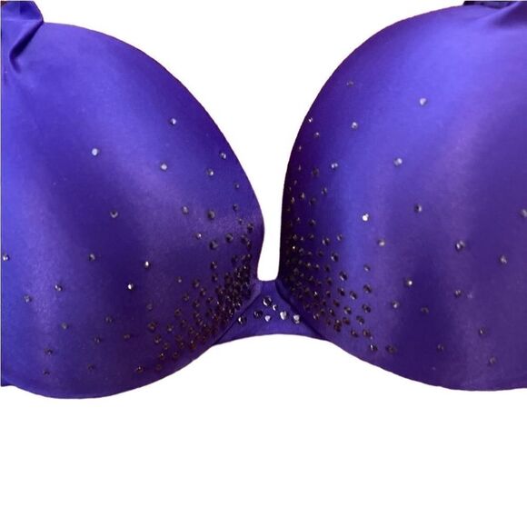 VICTORIAS SECRET- Plunge Satin Midnight Blue W/ Rhinestones Padded Bra, Size 34D - Picture 4 of 12